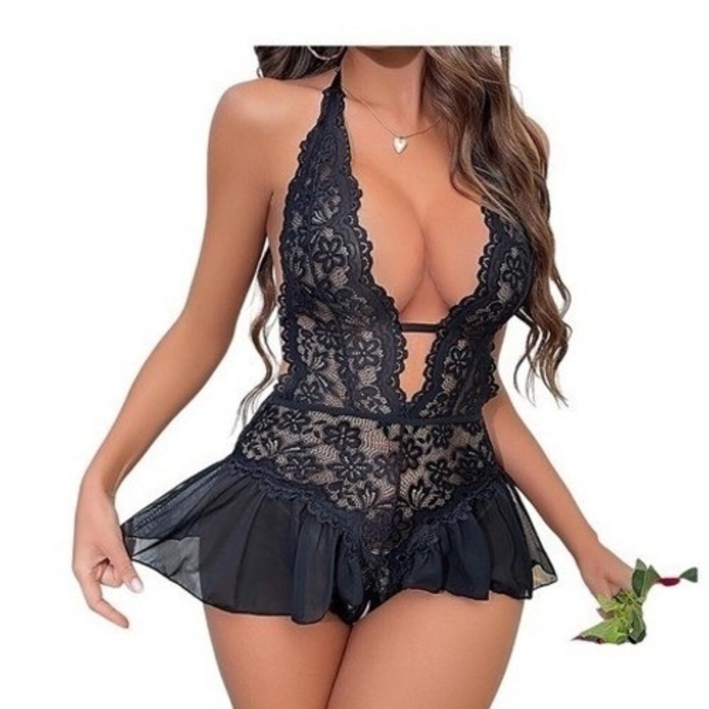 Black Lacy‎ Lingerie, One Piece, Crotchless brand new in box.